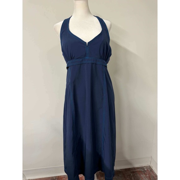 Athleta Dresses & Skirts - Athleta Womens 14 Navy Blue Dress Halter Midi Contrast Stitch Pockets